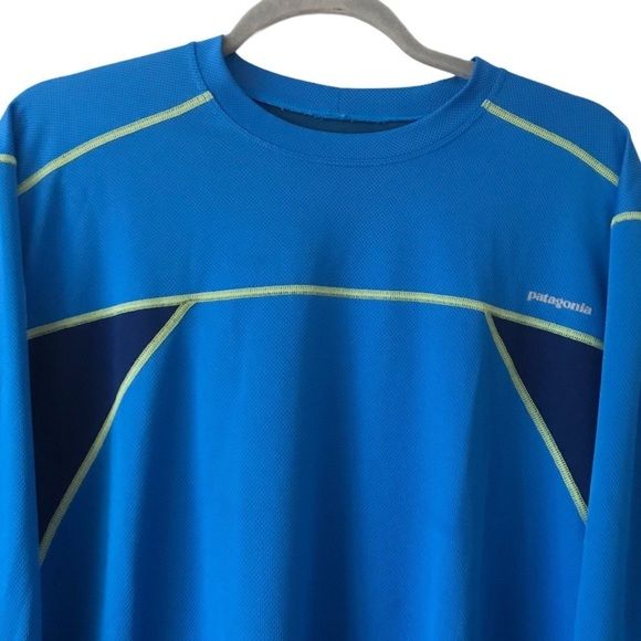 Patagonia Blue Neon Yellow Men’s Active Wear Wicking Outdoor Long Sleeve Shirt - Picture 3 of 10